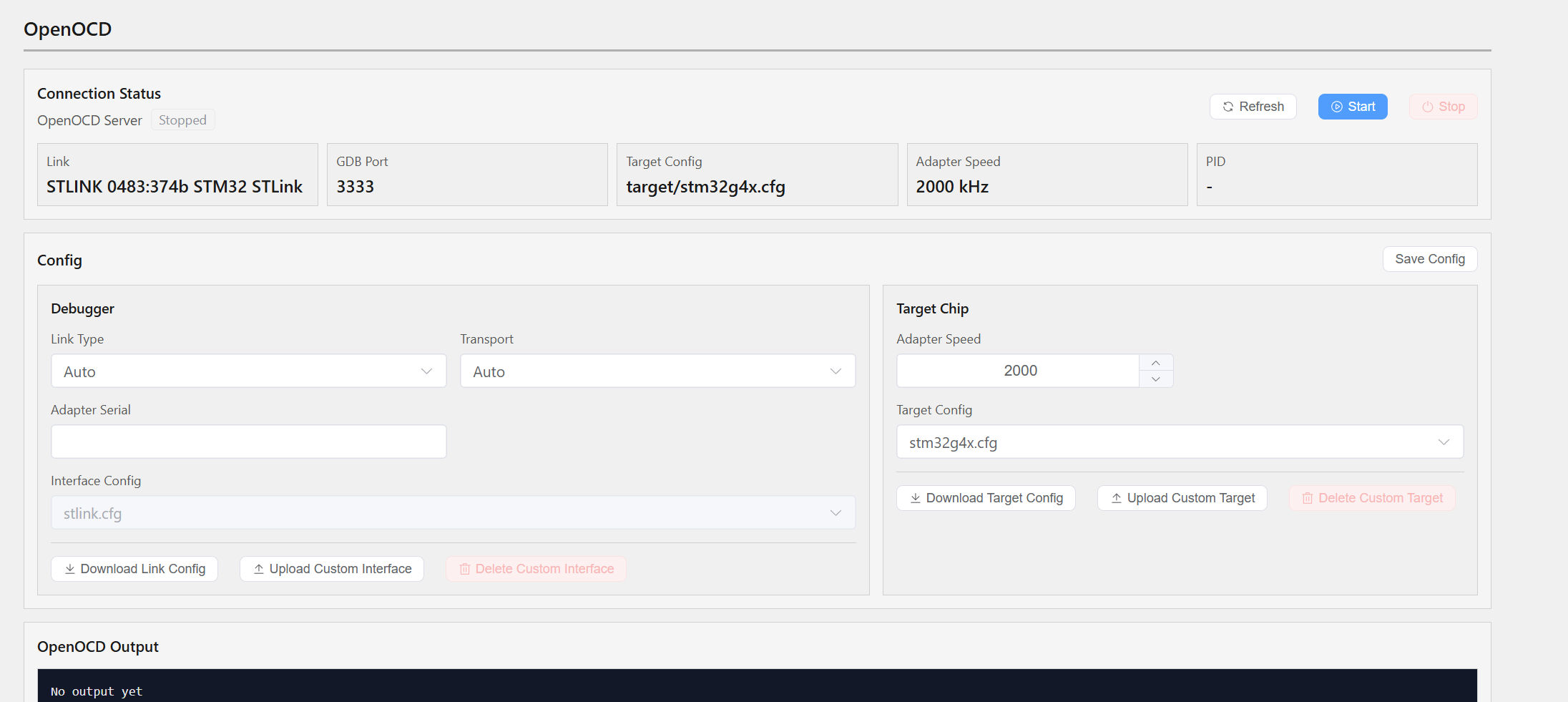 OpenOCD debugger configuration page